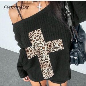 SHEIN Black Off-Shoulder Leopard Cross Sweater